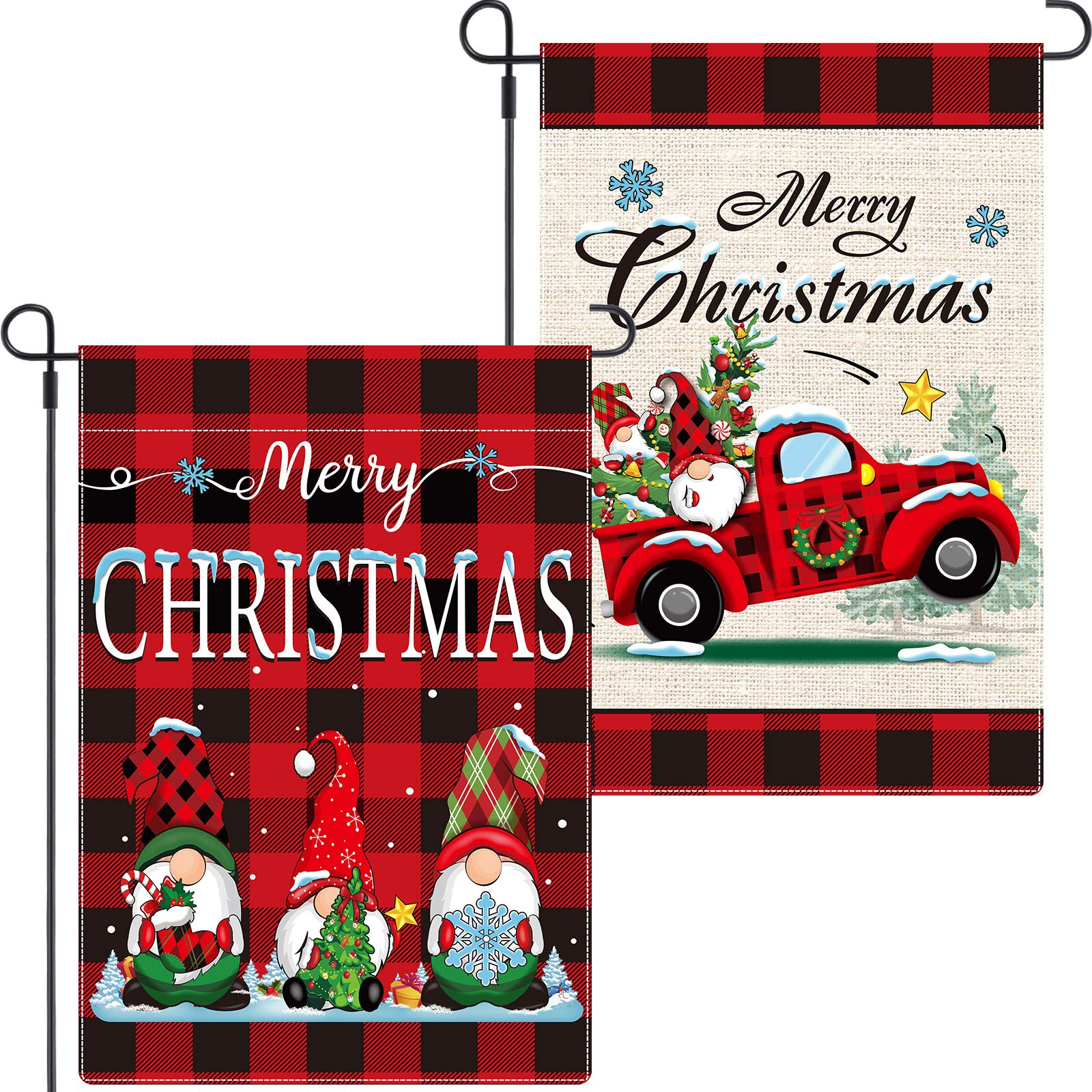 Tatuo 2 Pieces Merry Christmas Garden Flags Double Sided Red Black Buffalo Plaid Gnomes Red Truck Christmas Tree Flag for Christmas Decorations Xmas Winter Flag for Holiday Decoration, 18 x 12 Inches