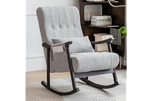 COCO DESIGN Upholstered Rocking Chair, Nursery Rocking Chair Indoor for Living Room, Modern Glider Rocker w/Pillow＆Side Pocket, High Back Padded Seat Side Armchair for Old Man(Grey)
