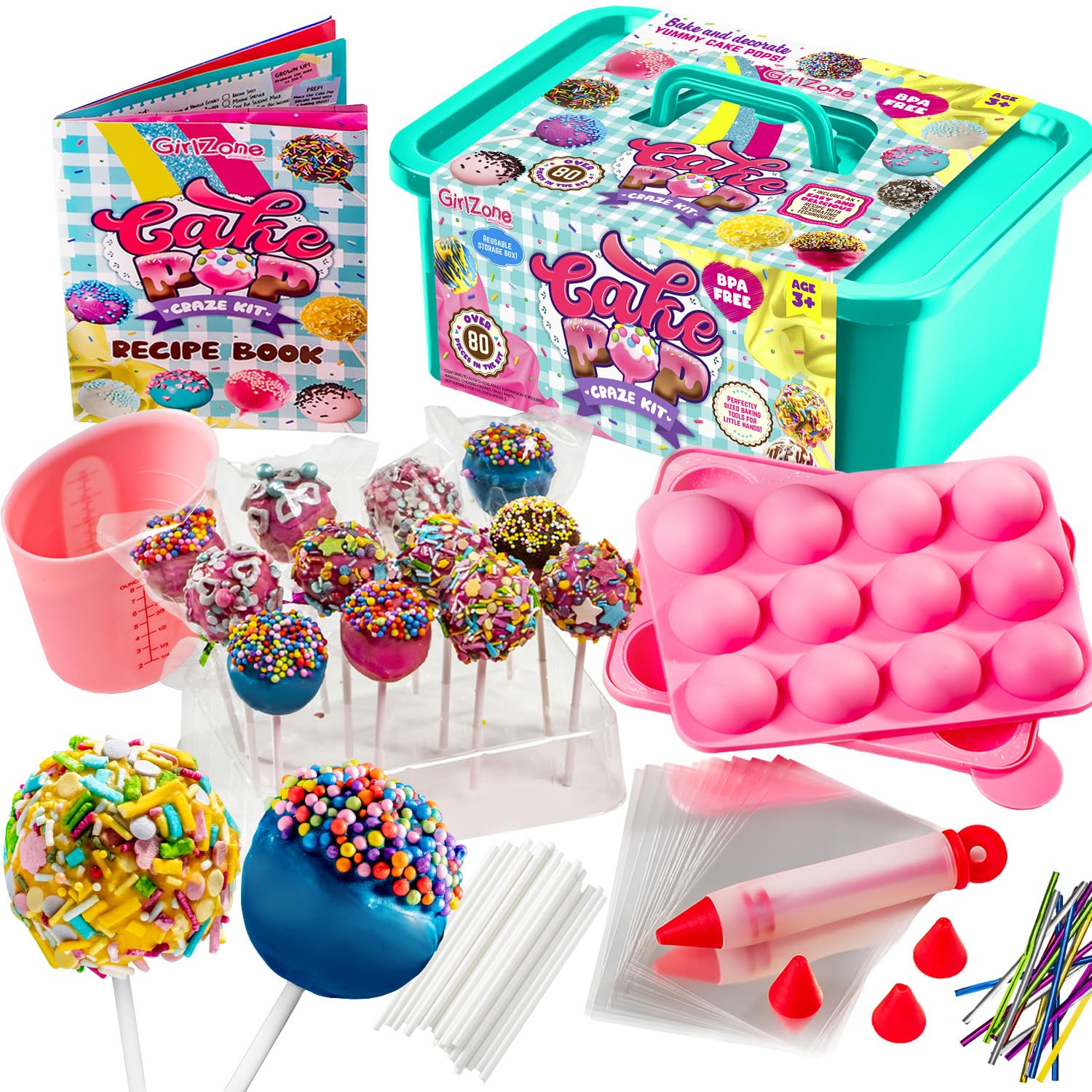 GirlZone Cake Pop Craze Kit, Kids Baking Set for Ages 10-12 with Cake Pop Mold, Stand, Gifting Bags and Decorating Pen, Awesome Gift for Girls