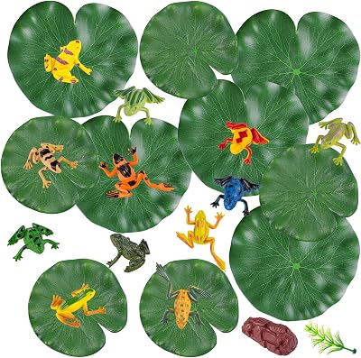 FFWHKON 22Pcs Lily Pad and Plastic Frog Set 12 Frogs 10 Lotus Leaves for Pond
