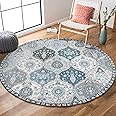 Lahome Moroccan Trellis Round Area Rugs - Washable Small Round Rug 3ft Non-Slip Soft Circle Rugs for Bedroom Vintage Ultra-Thin Throw Carpet for Entryway Kitchen Laundry Bathroom(3ft-Round,Blue)
