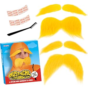 Kangaroo 2 Set of Self-Adhesive Yellow Fake Mustaches & Eyebrows for Adults | Funny Cosplay Eyebrows for Halloween, Dressup,