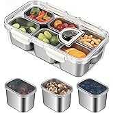 Snackle Box Container, Stainless Steel Portable Snack Containers with Lids, 6 Compartment Divided Serving Tray, Clear Storage Organizer for Fruit Candy Nuts Veggie, Perfect for Road Travel Party