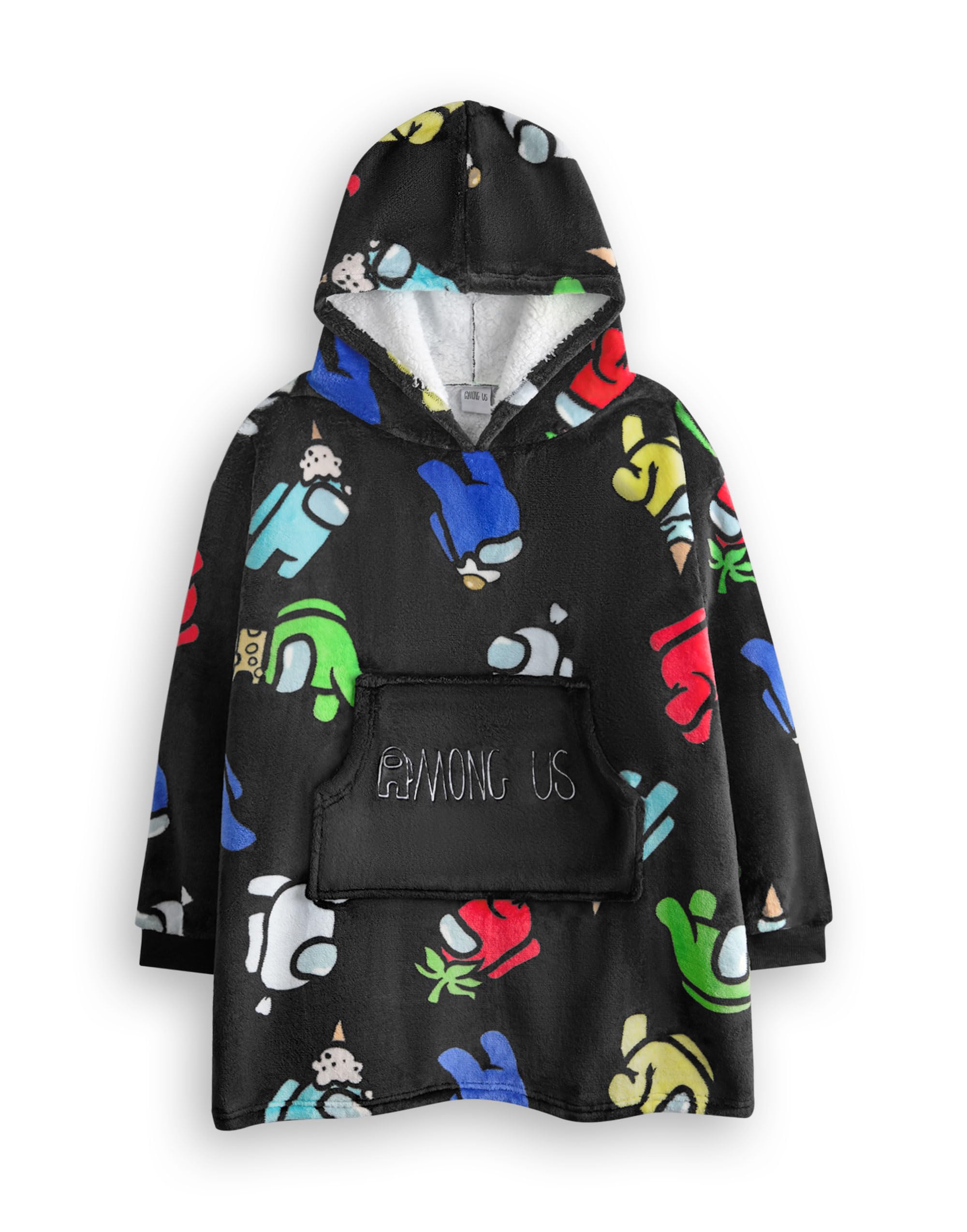 Among Us Boys Wearable Blanket Hoodie | Kids Hooded Fleece Pullover in Black with Multi-Coloured Crewmates & Imposter Character All Over Print | Sherpa Lined Loungewear Mystery Gamer Merchandise Gift