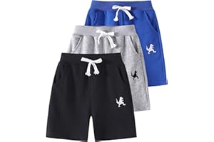 YJBQ 3-Pack Toddler Boys' Cotton Athletic Shorts with Pockets Pull-On Design Active Dinosaur Embroidery, Soft and Breathable