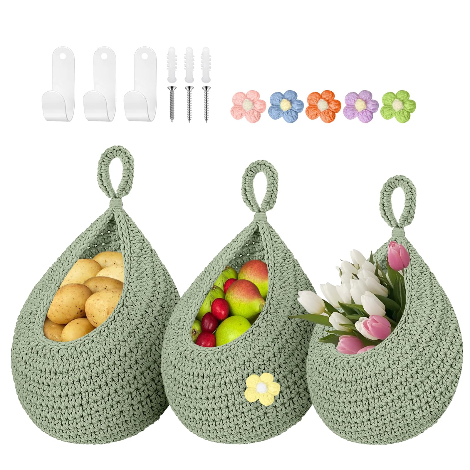 Photo 1 of *BROWN*_________________Linchiey Boho Hanging Fruit Baskets for Kitchen with Hooks and Deco Flowers, 3 Pack handwoven Cotton hanging basket, Wall Basket for Vegetable Potato Onion Home Produce Storage