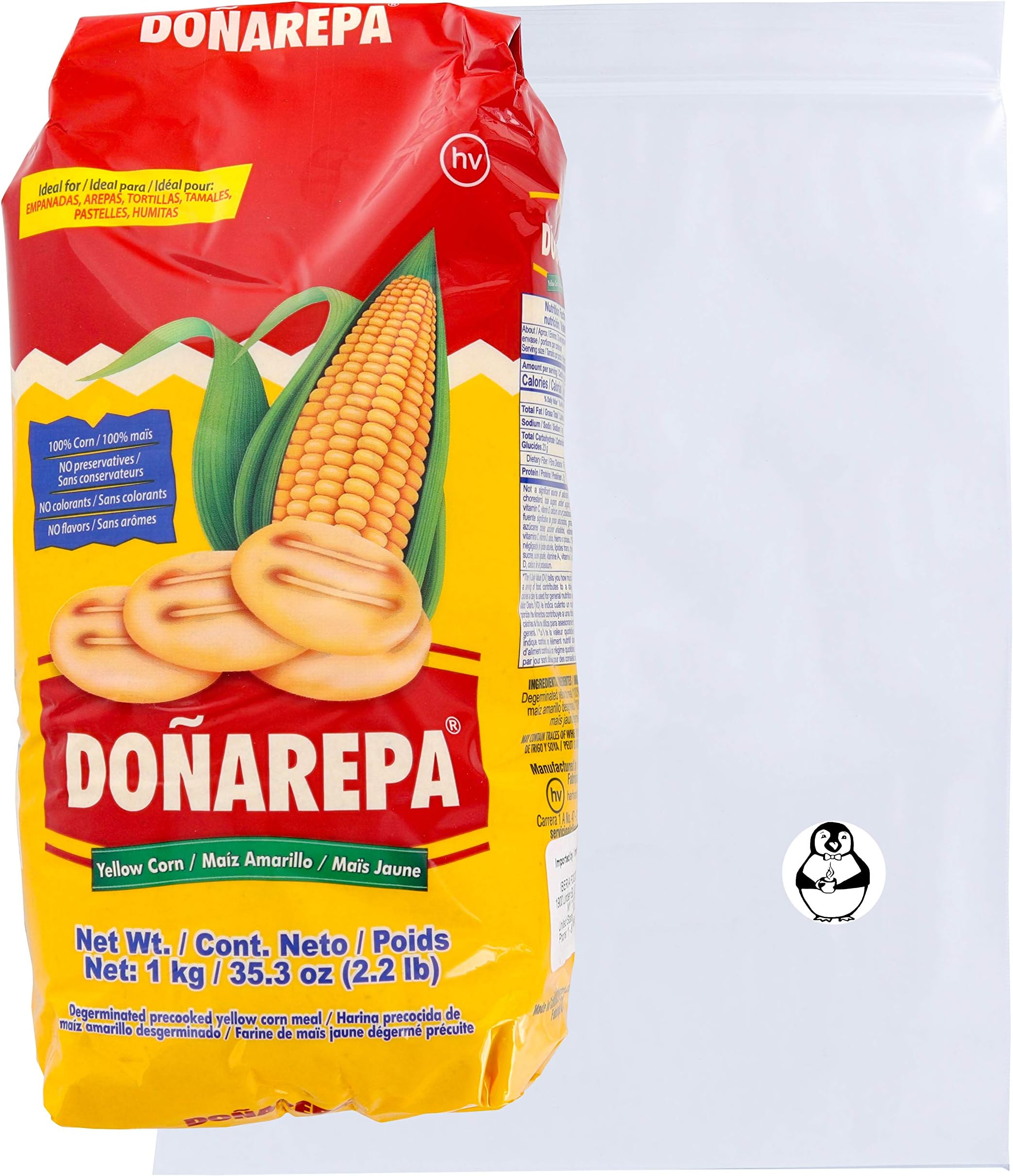 Doñarepa Yellow Cornmeal for Arepas - 2.2 Pounds - 100% Corn, No Preservatives - Degerminated Precooked Yellow Corn Meal - Comes with a Premium Penguin Quick Storage Pouch