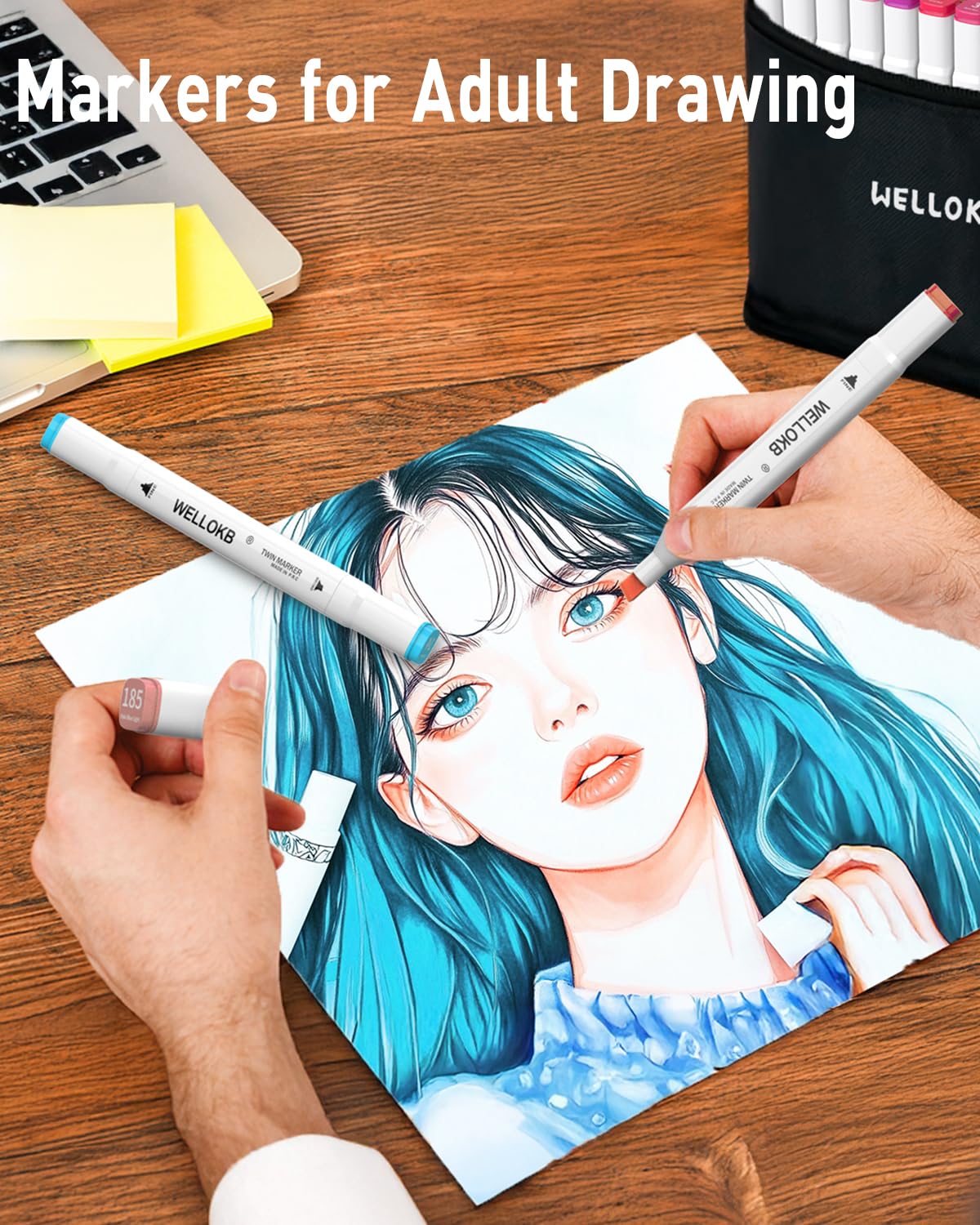 WELLOKB Alcohol Markers, 100 Colors Dual Tip Art Markers for Coloring, Drawing, Illustrations, Book Painting, Alcohol Based with Carrying Case for Adult Kids