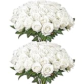 VEVOR Artificial Flowers, 60 pcs Real Looking White Foam Fake Roses Bulk, White Faux Bridal Shower with Stems for DIY Wedding Bouquets, Home Centerpieces Arrangements, Party Tables Decorations