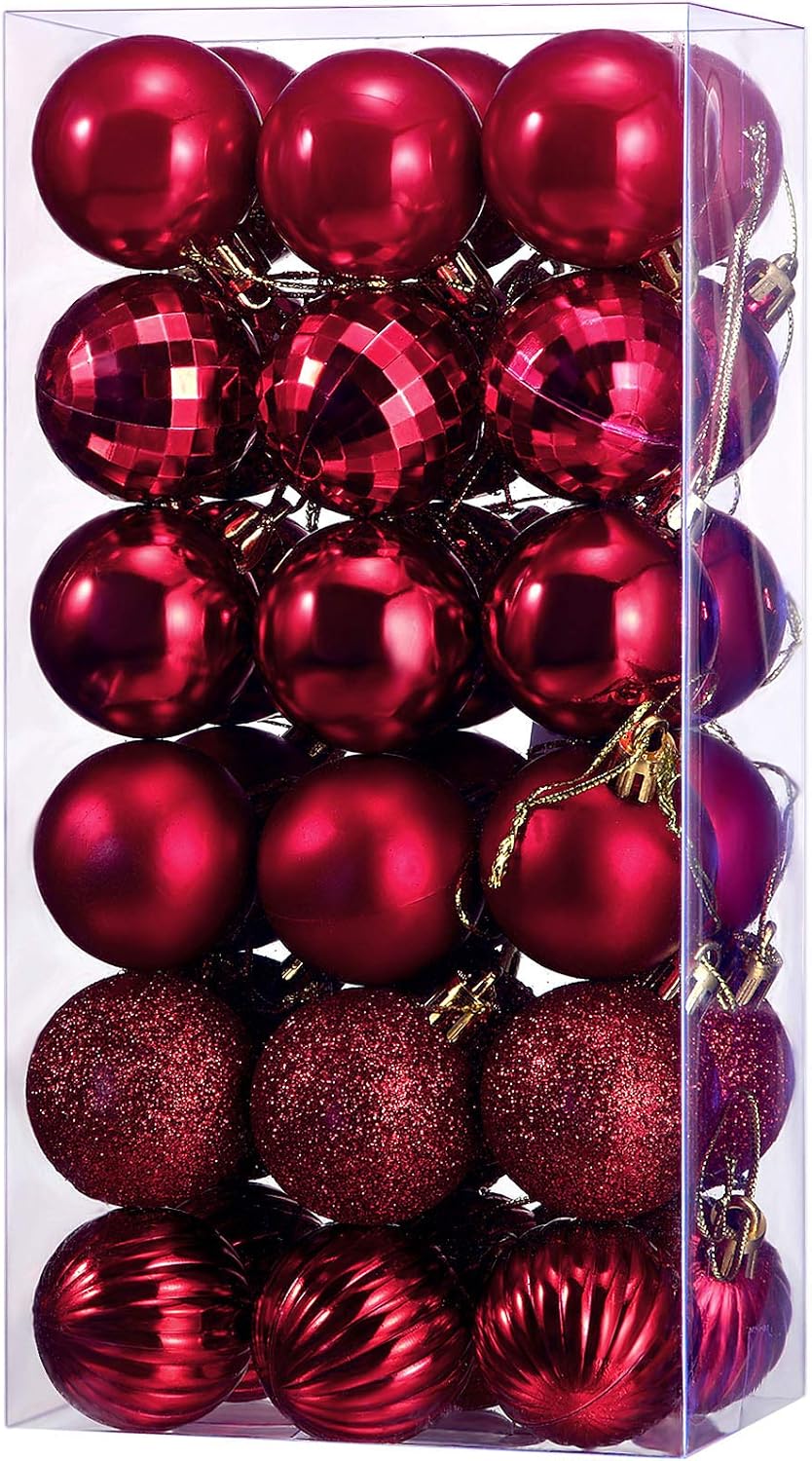 Ornaments - Hicarer 36 Pieces Christmas Ball Ornaments Christmas Decorations Tree Balls for Tree Ornaments Holiday Wedding Party Decoration Hooks 1.57 Inch (Burgundy)