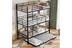 BOVZA Metal Twin Size Triple Bunk Bed with Trundle for 4, Twin Over Twin Over Twin 3 Bunk Beds with 2 Ladders & Guardrails, Convertible to 3 Separate Beds for Kids Teens, Space-Saving, Black
