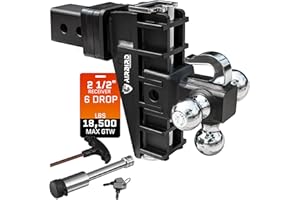 AIRBIRD Adjustable Trailer Hitch Fits 2.5-Inch Receiver, Anti-Rattle Tow Hitch (18500 LBS GTW) 6 Inch Drop Truck Hitch Tri-Ball Mount with Hook (1-7/8" x 2" x 2-5/16")