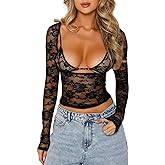 KMBANGI Womens Floral Lace Shirt Top Long Sleeve Sexy Mesh See Through Tshirts Slim Lace Trim Tee Tops Trendy Streetwear