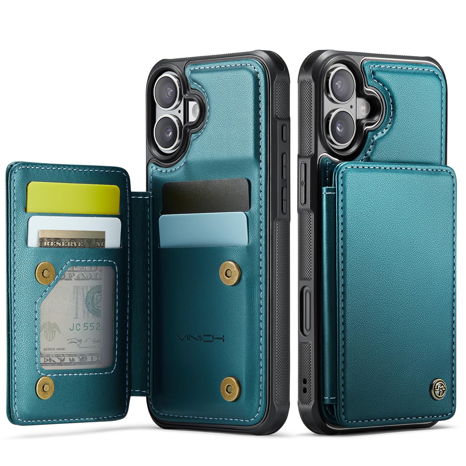 Photo 1 of Vinich for iPhone 17 Wallet Case with Card Holder, RFID Blocking Credit Slots Kickstand Shockproof Phone Cover Fit for iPhone 17 6.3" Bluish Green