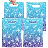 50 Pcs Winter Snowflake Gift Bags, Plastic Frozen Goodie Bags with Handles, Blue and Purple Candy Goodie Party Favor Bag for Winter Wonderland Christmas Birthday Decorations Frozen Party Supplies