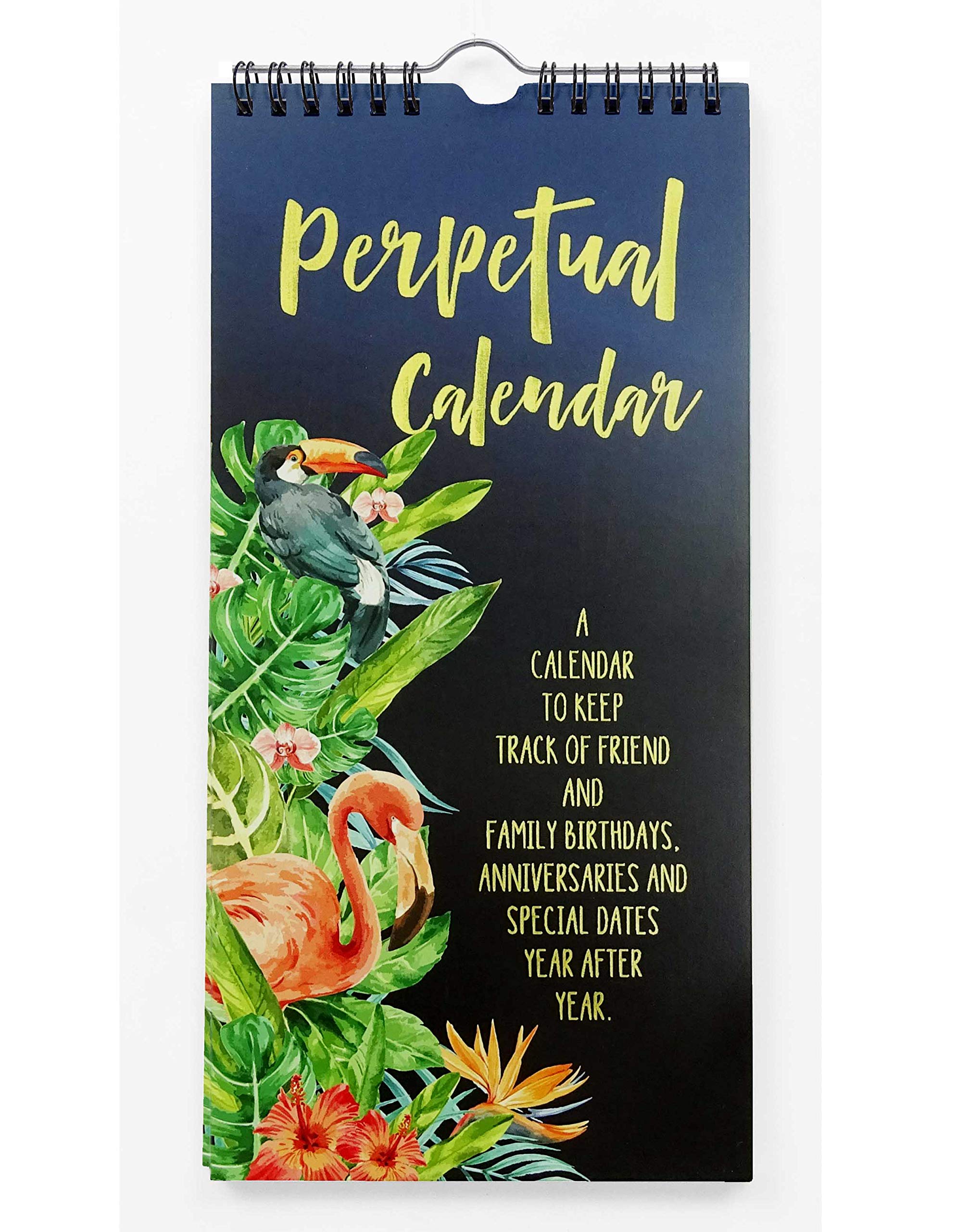 Inkdotpot Tropical Birds & Leaves Rustic Gold Foil Print Perpetual Calendar Birthday Wall Hanging Anniversary Special Event Reminder Calendar Book Journal Wall Hanging Birthday Gift Card Planner