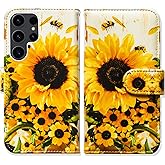 Bcov Case for Samsung Galaxy S25 Ultra,Sunflower Bee Flip Phone Case Wallet Cover with Card Slot Holder Kickstand Case for Samsung Galaxy S25 Ultra