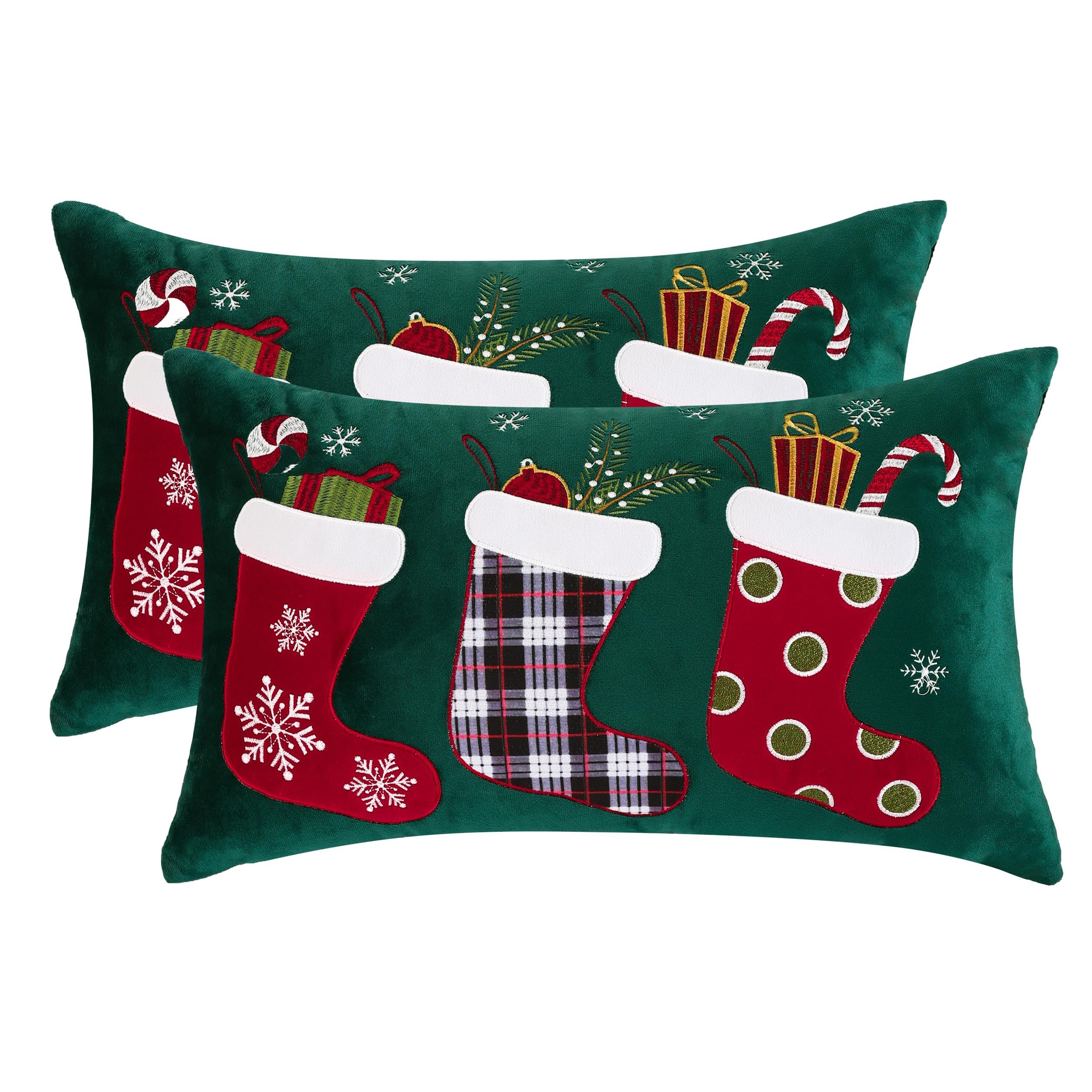 Tosleo Christmas Green Throw Pillow Cover 12 x 20 Inch Set of 2 Stocking Snowflake Embroidery Pillowcases Party Decorations Winter Holiday Soft Velvet Cushion Cases