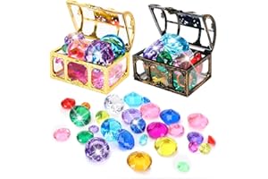 MARFOREVER 26Pcs Diving Gem Pool Toys - 24 Colorful Big Acrylic Diamond Pool Gem Set with 2 Treasure Pirate Boxes Summer Swim