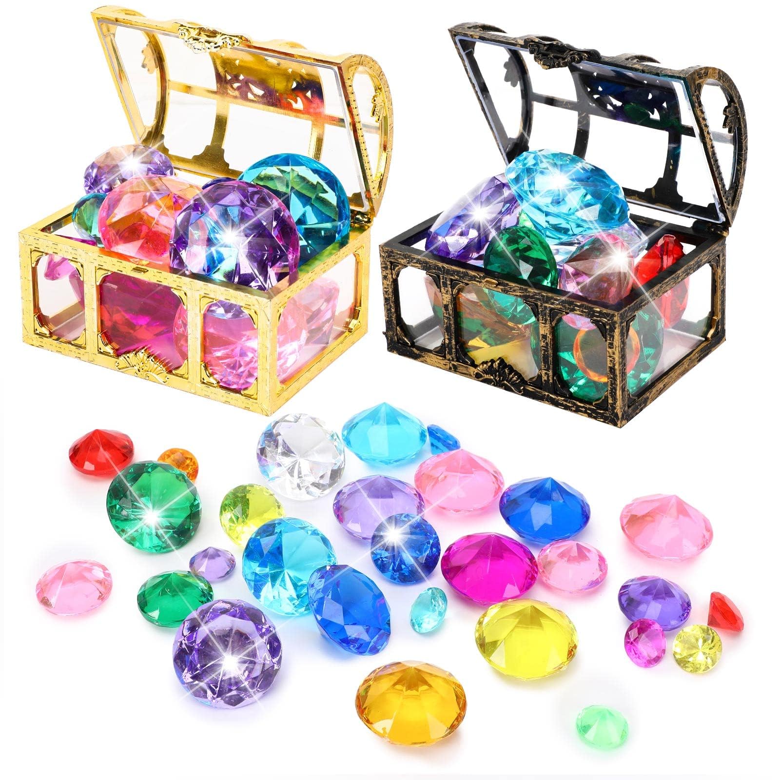 Photo 1 of MARFOREVER 26 Pcs Diving Gem Pool Toys - 24 Colorful Big Acrylic Diamond Pool Gem Set with 2 Treasure Chest Pirate Boxes Summer Party Favors Underwater Gem Diving Dive Throw Toy Swimming Training Gift