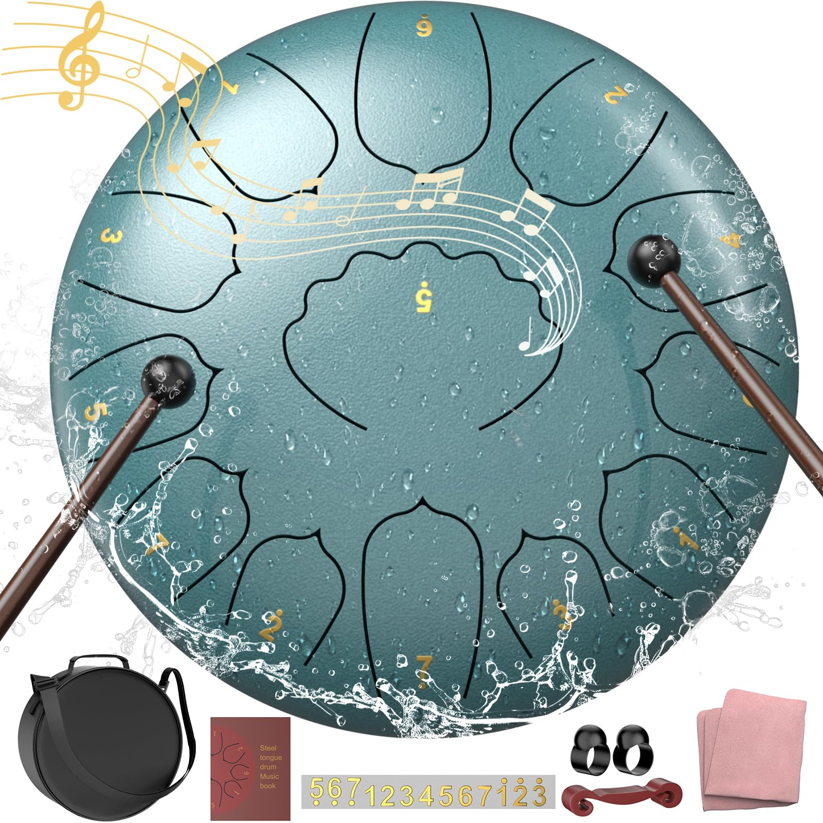 Photo 1 of 12 Inch Steel Tongue Drum – 13 Notes D Major Handpan Drum for Meditation, Yoga, Garden & Outdoor Relaxation – Includes Mallets, Finger Picks & Carry Bag