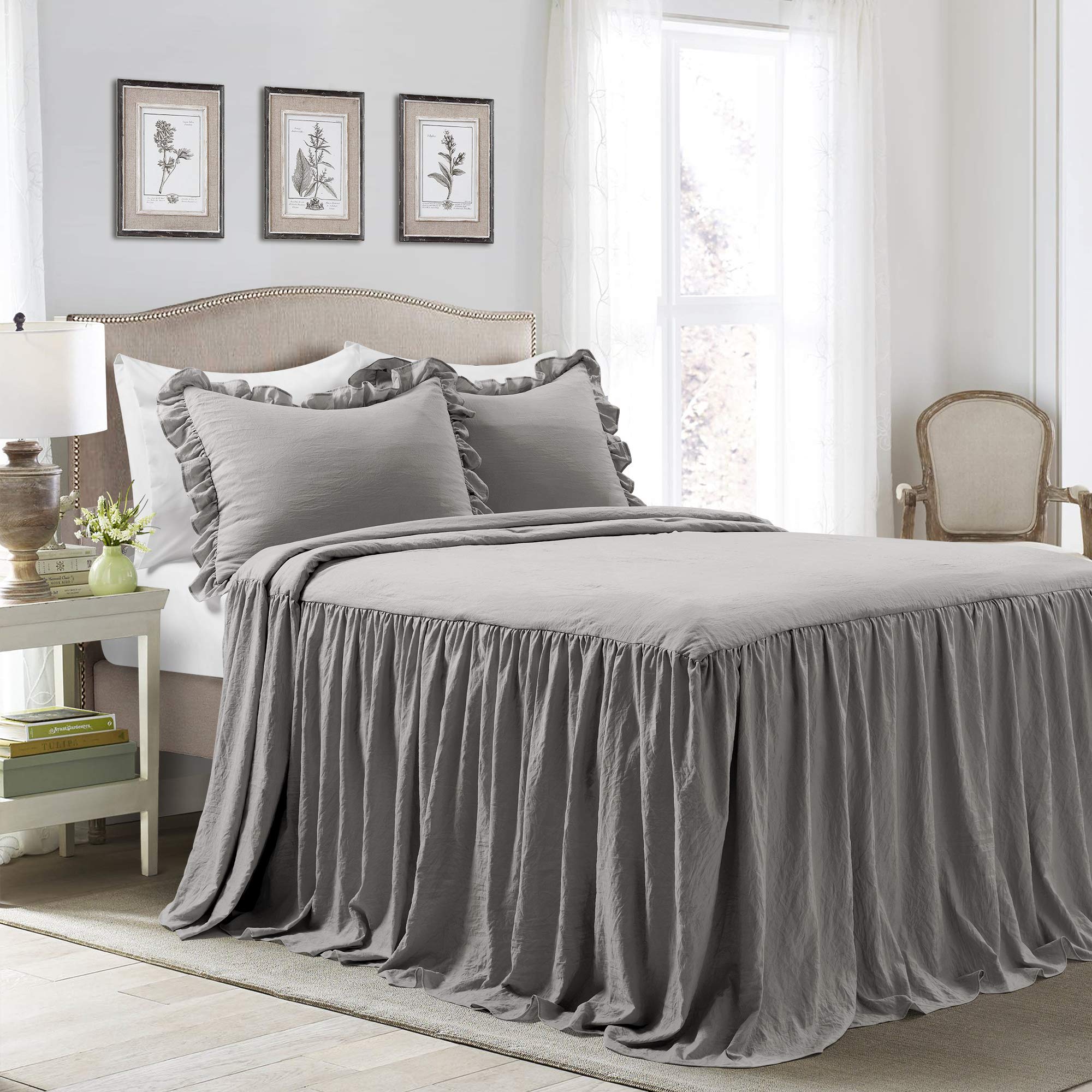 Photo 1 of Lush Decor Ruffle Skirt Bedspread 3 Piece Set, King, Dark Gray - Gray King Bedding - Ruffled Bedspread - Vintage Farmhouse Decor