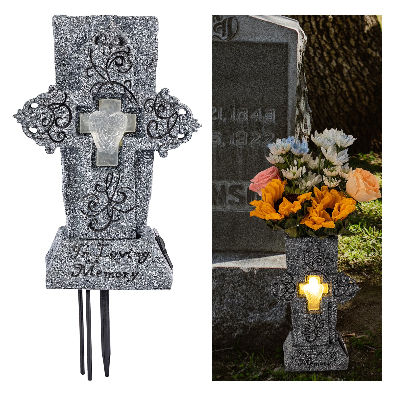 Photo 1 of HUYIENO Solar Cemetery Vase with LED for Fresh/Artificial Flowers Grave Flower Cross Vase Headstones Vases with Spikes Gravestone Decor Memorial Gifts for Loss of Loved One
