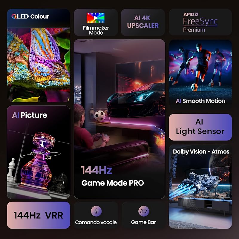 TV 100" QLED 4K 144Hz 100E7Q PRO, Smart TV VIDAA U8, Dolby Vision IQ, HDR 10+ Adaptive, Game Mode, Dolby Atmos, Alexa Built-in, Voice, Tuner DVB-T2/S2 HEVC 10, lativù, 2025