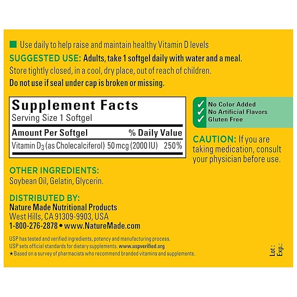 NATURE MADE VITAMIN D3 2000 IU (50 MCG), VITAMIN D SUPPLEMENT FOR BONE, TEETH, MUSCLE AND IMMUNE HEALTH SUPPORT, 250 SOFTGELS, 250 DAY SUPPLY