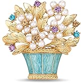 Mylthauris Vintage Pearl Flower Basket Brooch Rhinestone Glazed Pin for Women Elegant Gift Jewelry Accessory