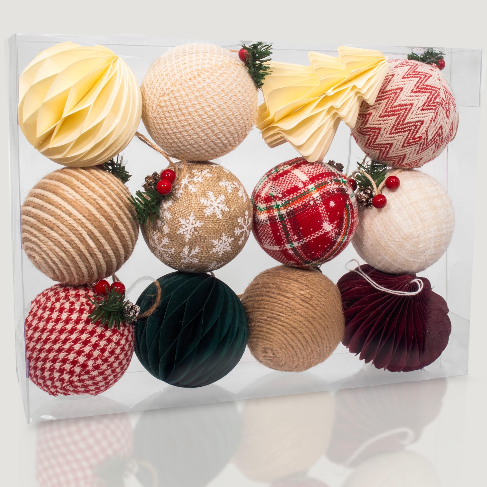 Photo 1 of 12PCS Rustic Christmas Ornaments Set, 8 Burlap Balls & 4 Paper Honeycomb Ornaments, 3.15" Farmhouse Vintage Holiday Tree Decorations