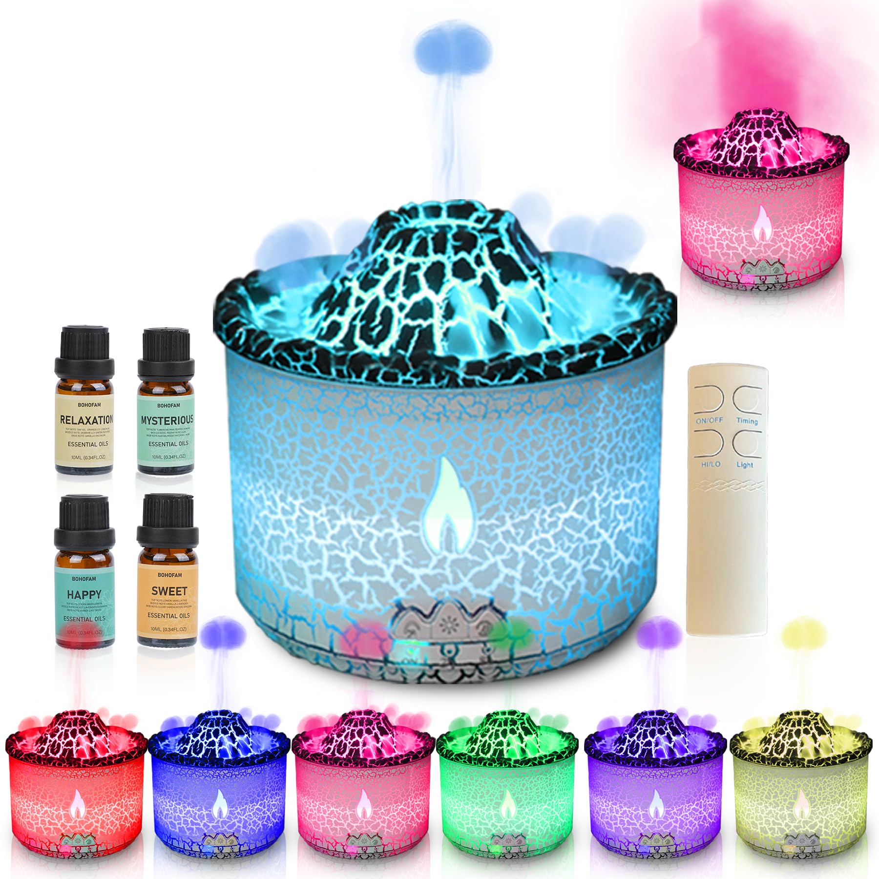 Photo 1 of BOHOFAM Essential Oil Diffuser 360ML,Volcano and Flame Diffuser/Humidifier 2 Mode,Diffusers for Home with 7 Colorful Light,Included 4 Hotel Collection Diffuser Oil for Bedroom(White Translucent)