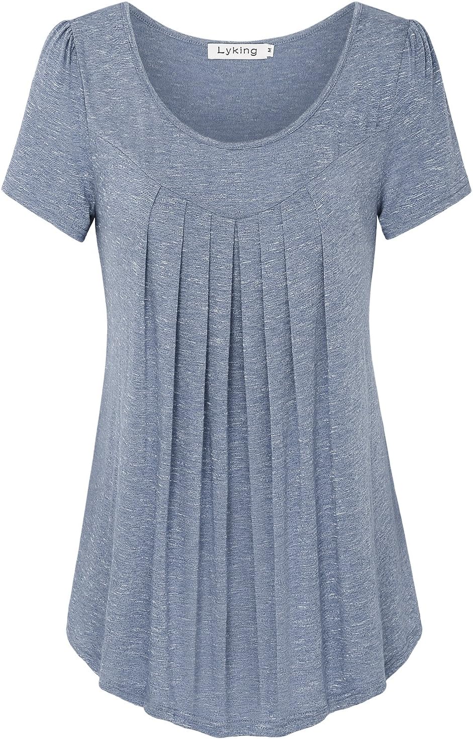 Lyking Women's Scoop Neck Pleated Blouse Top Short Sleeve Tunic Shirt