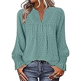 BETTE BOUTIK Women Boho Long Sleeve Shirts Dressy Casual V Neck Fall Fashion Tops Swiss Dot Flowy Blouses
