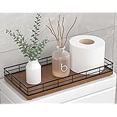 Toilet Paper Basket Organizer – Oak Wood Toilet Tank Tray with Metal Frame, Back of Tank or Top Bathroom Counter Storage – Black & Brown Modern Decor