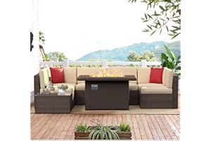 Aoxun 8-Piece Patio Furniture Set with 40” Fire Pit Table Wicker Rattan Conversation Set Outdoor Sectional Sofa Removable Cushions and Tempered Glass Coffee Table Suitable for Small Size (Brown)