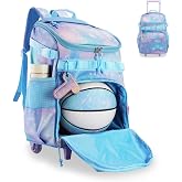 TRAILKICKER Rolling Basketball Backpack with Wheels and Ball Holder | Multi-Sport Rolling Trolley Bag for Soccer, Volleyball, Football, Baseball &amp; Helmet, Travel Luggage for Women