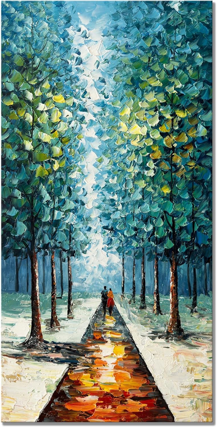 Paintings - Alenoss Hand Painted 3D Abstract Oil Paintings on Canvas 24x48 Inches Large Modern Forest Landscape Vertical Blue Canvas Wall Art Framed Artwork for Living room Bedroom Tree Art Decor