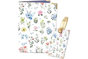 PRESSINART Passport Holder Luggage Tag Pink Floral Passport Cover Colorful Wildflowers Print Leather Wallet Book Case Travel 