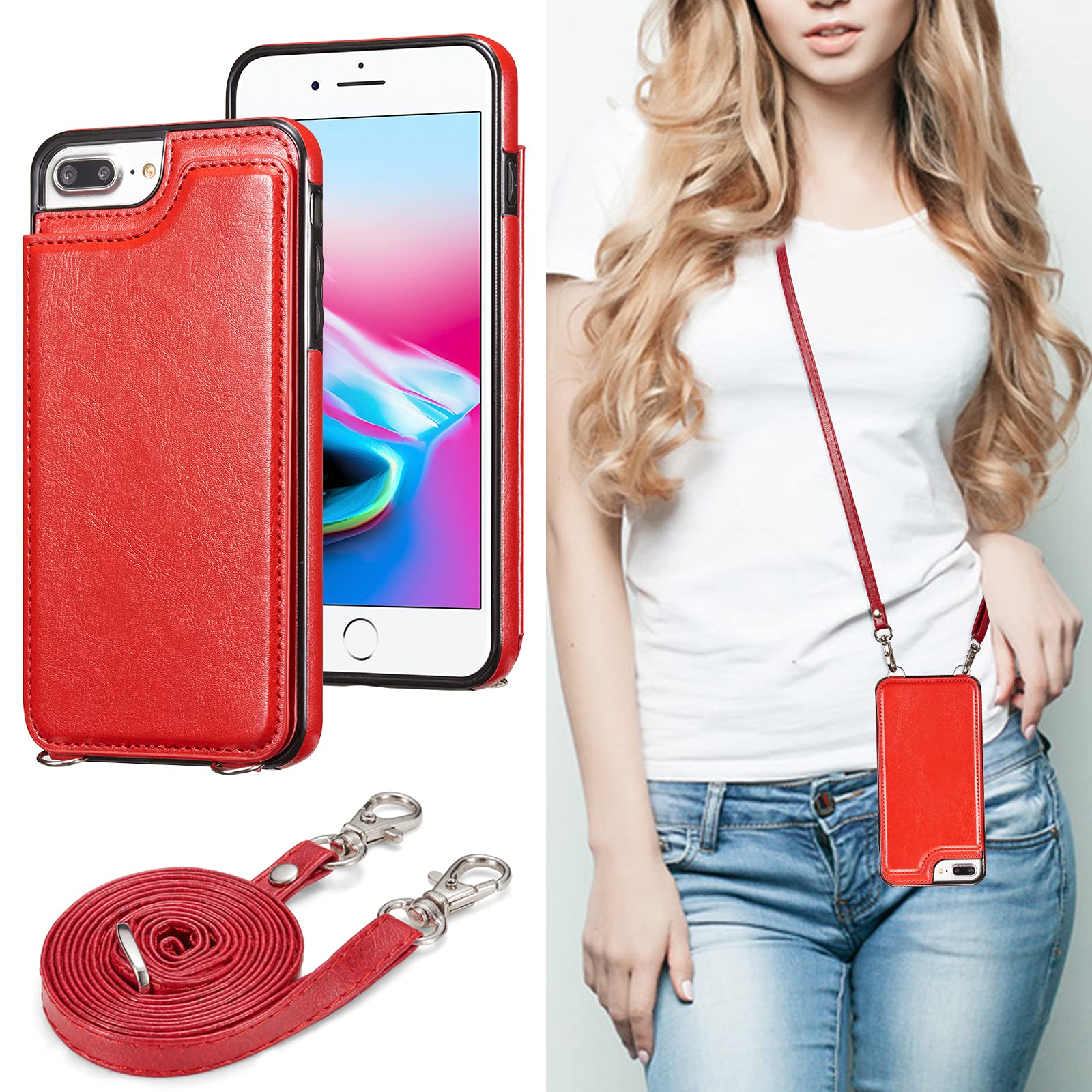 UEEBAI Case for iPhone 7 Plus iPhone 8 Plus, Premium PU Leather Case Adjustable Crossbody Strap Case Magnetic Clasp Card Slots Kickstand Durable Shockproof Back Wallet Soft TPU Cover - Red