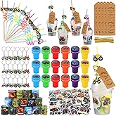 Kolewo4ever 244 Pieces Monster Truck Party Gifts Set Monster Truck Party Supplies Jam Birthday Decorations with Cup Straw Keychain Sticker Thank You Tags