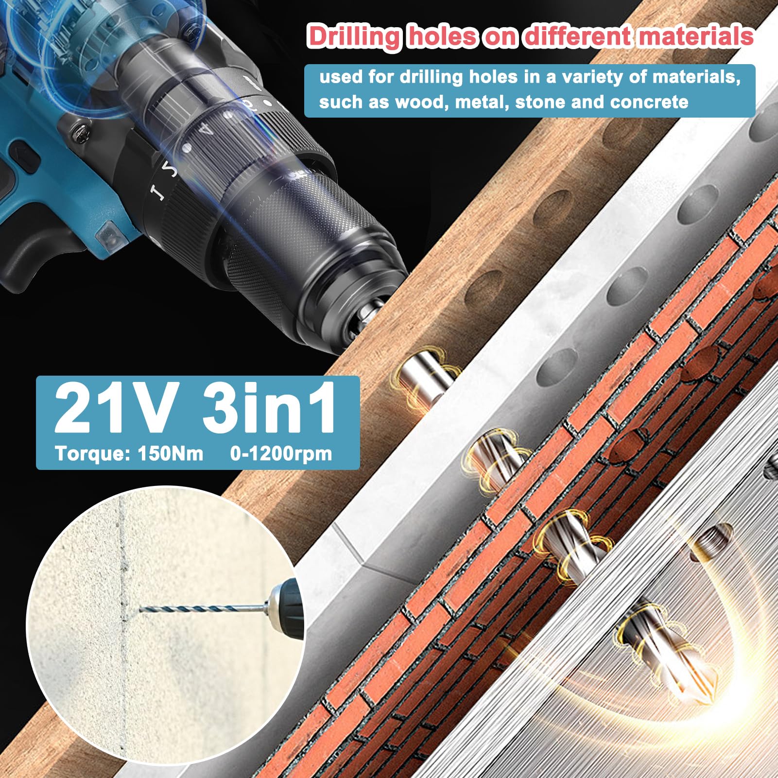 Hand Drill, 0.5 inch (13 mm) High Torque Multifunctional Electric Cordless Drill High Power Rechargeable Hand Drill Brushless Motor Household DIY Power Tools