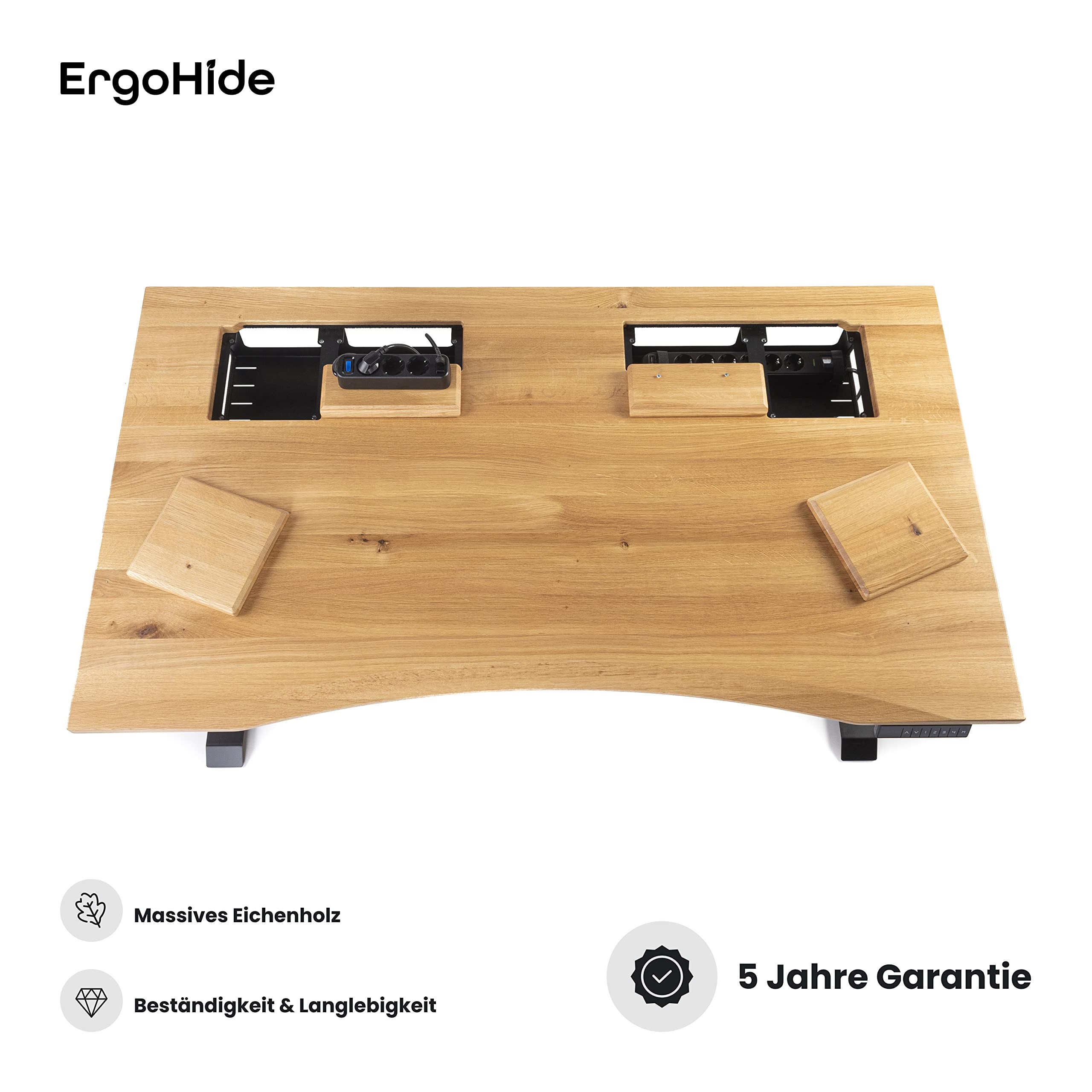ErgoHide® Höhenverstellbarer Schreibtisch aus Massivholz mit erweitertem Kabelmanagement/Kabelkanal (Eiche, Schwarz, Ergonomisch, 150x80cm) 2
