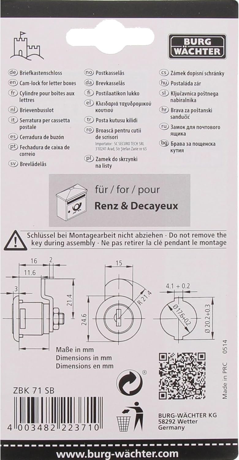 Burg Wächter Replacement Cylinder for Cam Lock for Letter Box for Material Thickness of 1 to 2 mm, Chrome-Plated, ZBK 71 SB, 1 Supplied - Image 5