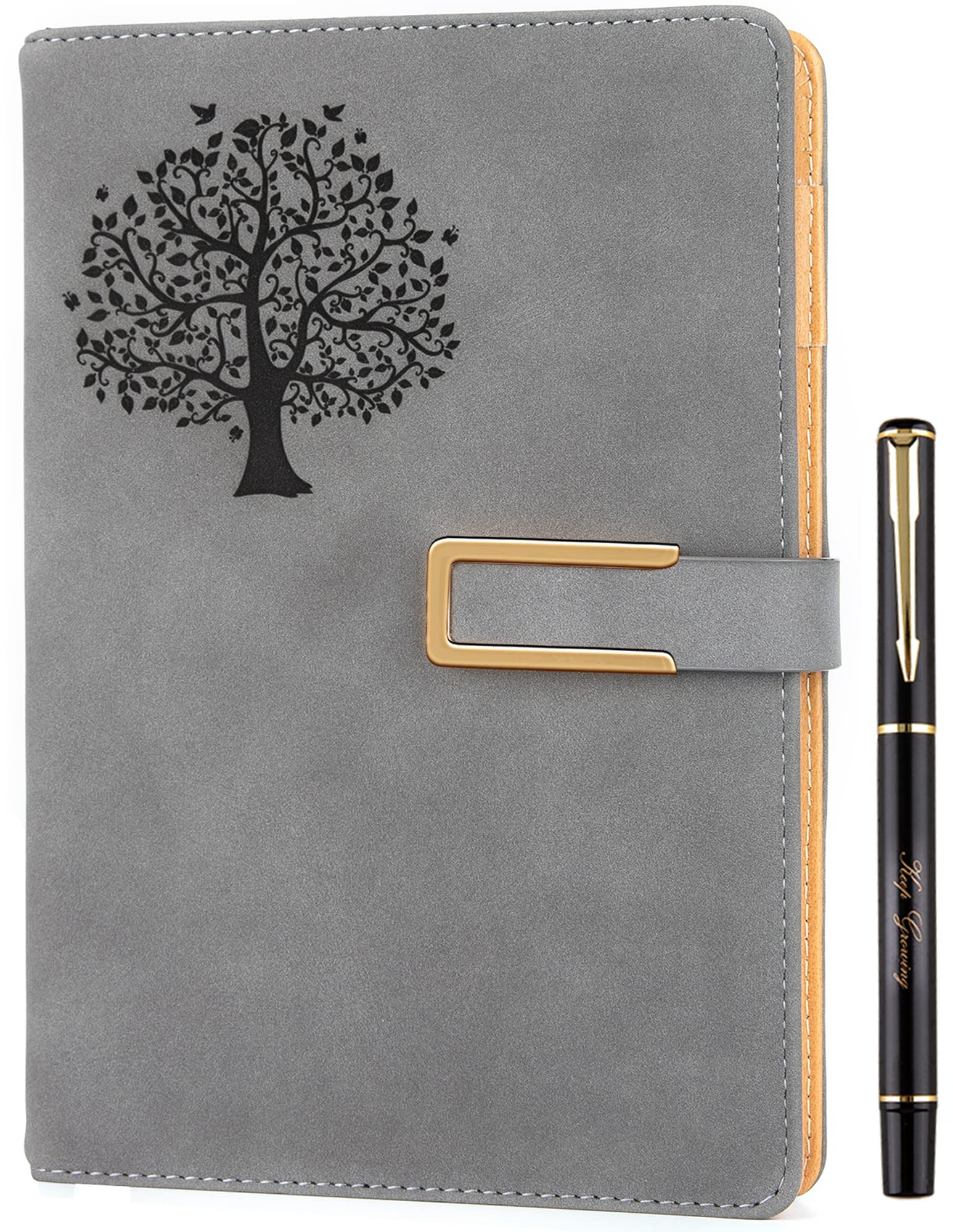 Photo 1 of Tree of Life Refillable Writing Journal For Women & Men Faux Leather Hardcover Notebook A5 College Ruled 200 Lined Pages Lay-Flat Personal Diary With Pen & Magnetic Buckle (Tree of Life - Grey)