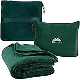 BlueHills Premium Soft Travel Blanket Pillow Airplane Flight Blanket Throw in Soft Bag Pillowcase Compact Pack Large Comfort for Travel Green (Dark Green T010)
