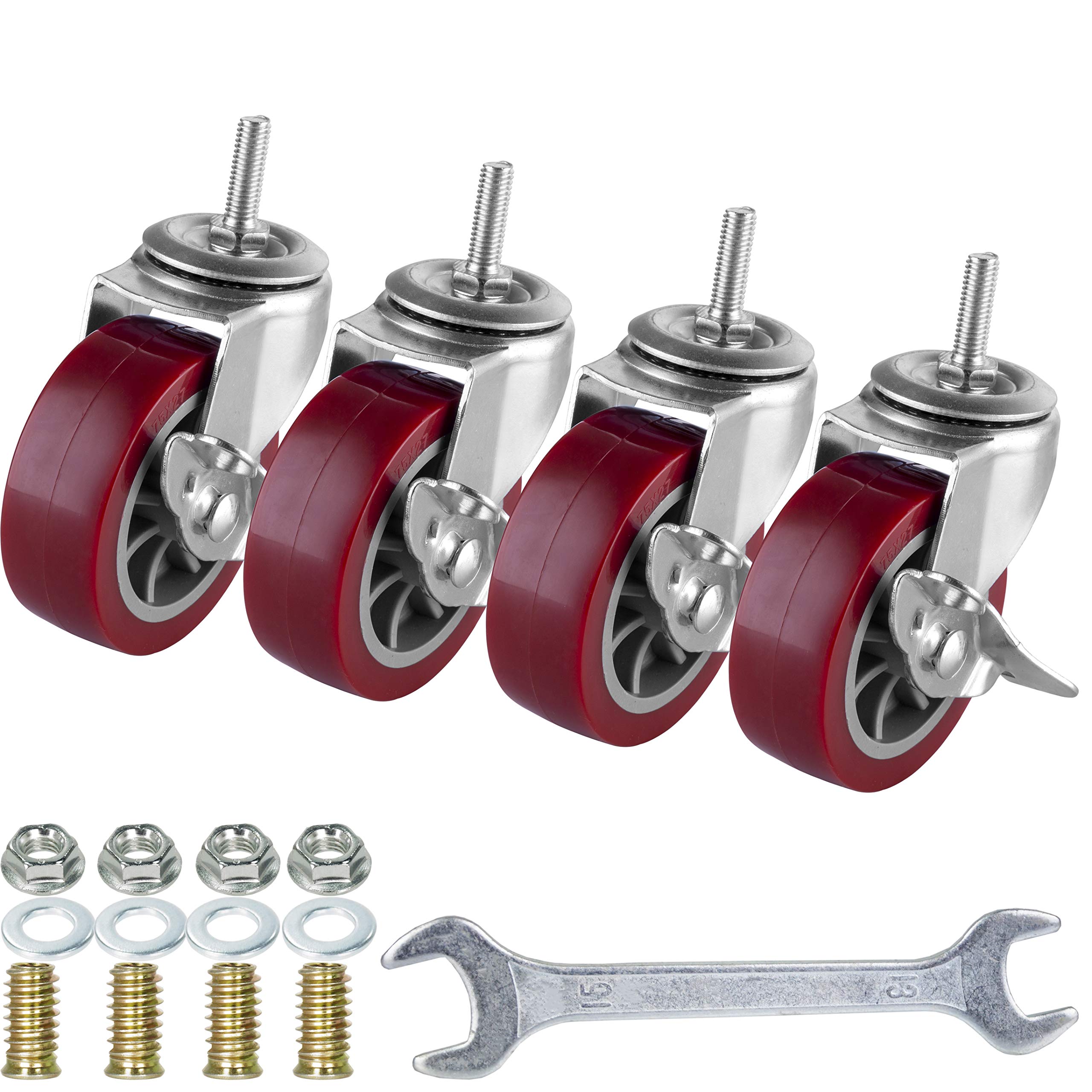 3 Inch Swivel Caster Wheels Set of 4, Locking Casters Heavy Duty Total Capacity 330lbs, Metric M8-1.25 Threaded Stem PU Casters with Brake, Castors for Carpet Hardwood Floors Workbench Bed Frame.