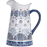 Bico Blue Talavera Ceramic 2.5 Quarts Pitcher with Handle, Decorative Vase for Flower Arrangements, Dishwasher Safe