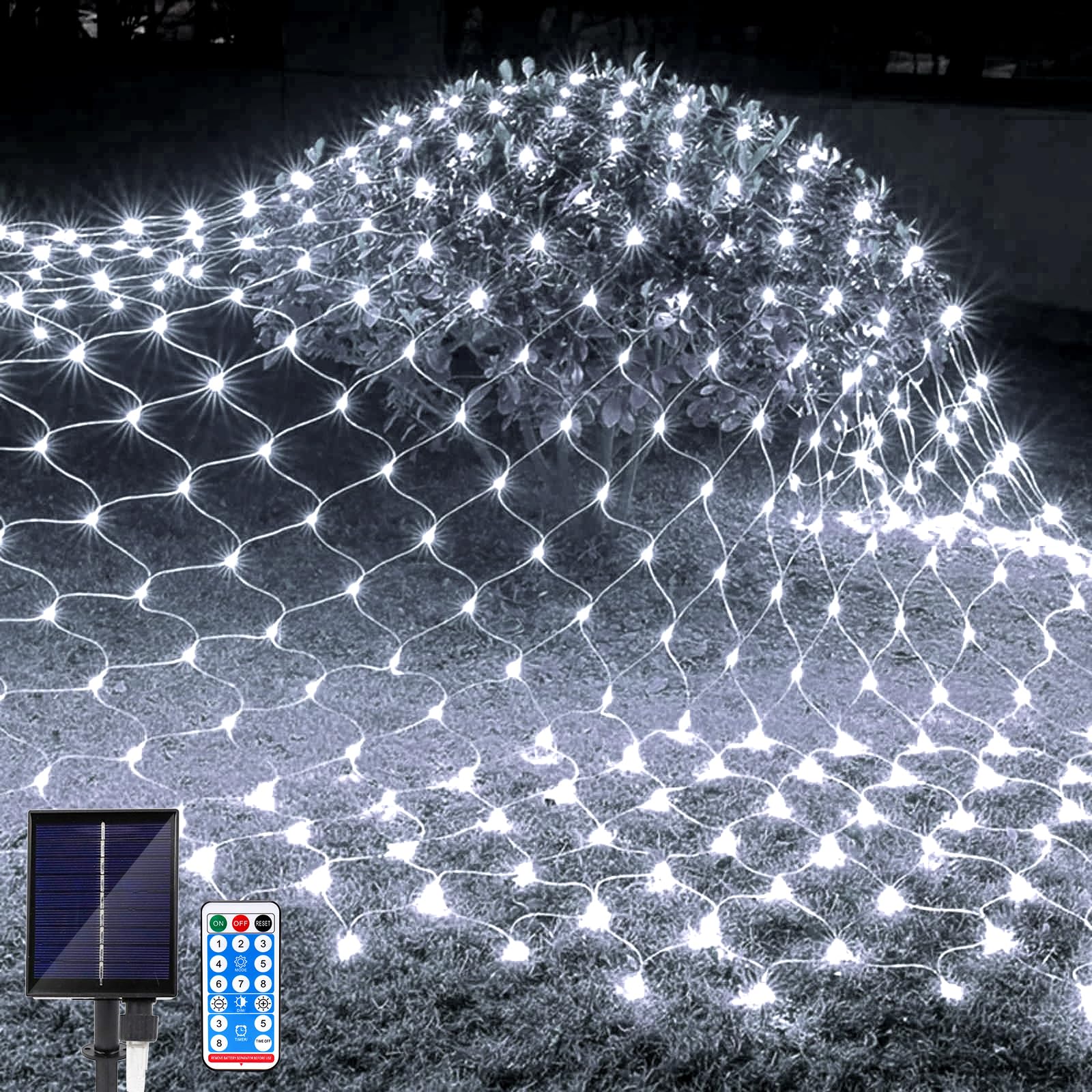 JIMACRO Solar Powered Net Lights Outdoor, 1.5 m x 96LEDs Mesh Fairy with 8 Modes, Remote Control Waterproof Copper Wire Bush Lights, for Xmas Tree Lawn Bushes Garden Décor, Blue (J-NET-LI)