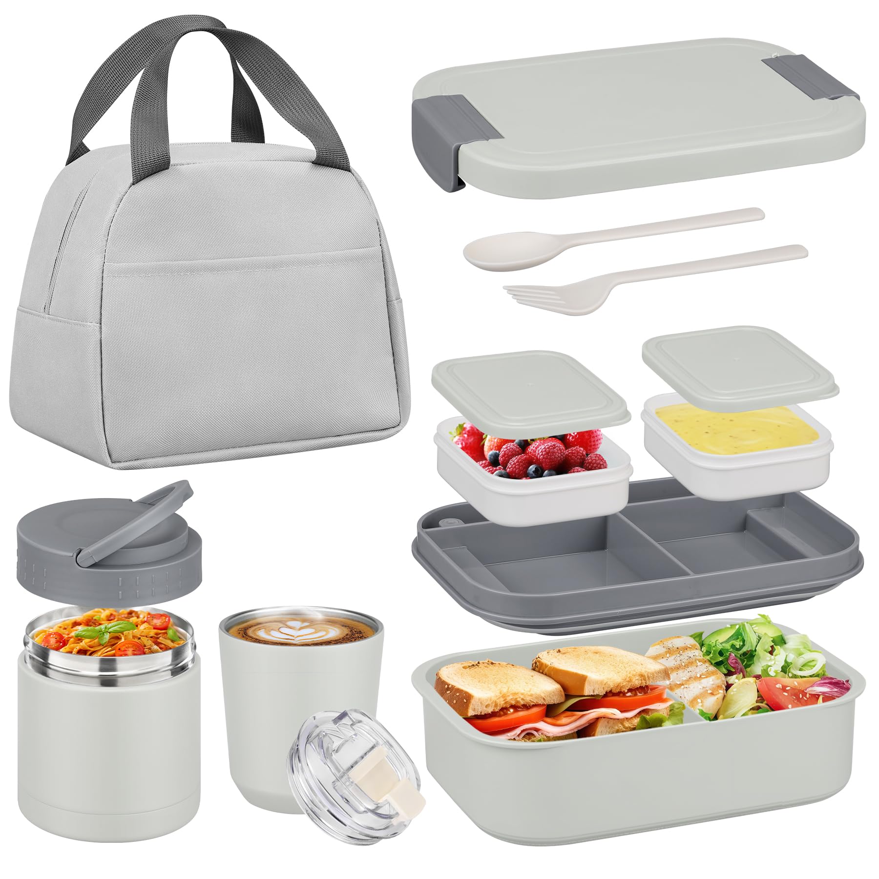 Photo 1 of Bento Lunch Box Set with 10.5oz Soup Thermo Food Jar for Adults Kids, Stainless Steel Leak-proof Lunch Container with 4 Compartment, Coffee Tumbler with Lunch Bag for School Travel Office-Grey